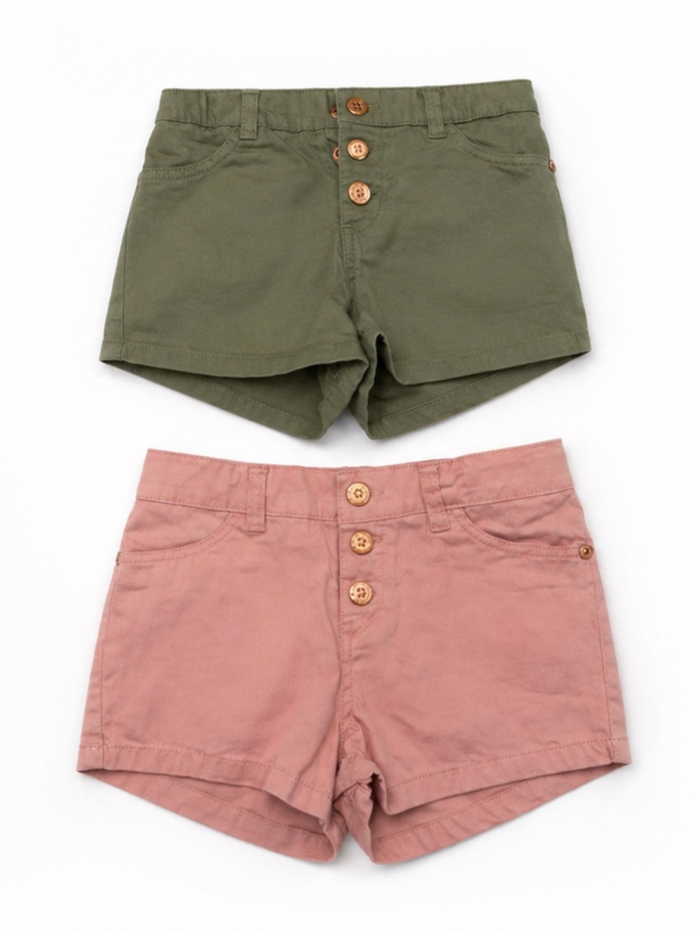 Vince Camuto High-Waist Button Shorts in Olive Green & Dusty Pink